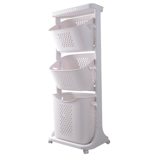 Laundry basket on wheels, 3 compartments, 4 tiers